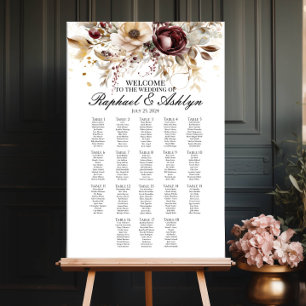 Póster tabla de asientos boda 18 tablas, peonías burdeos