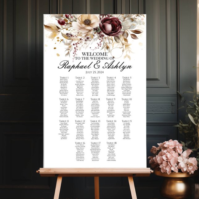 Póster tabla de asientos boda 18 tablas, peonías burdeos (Subido por el creador)