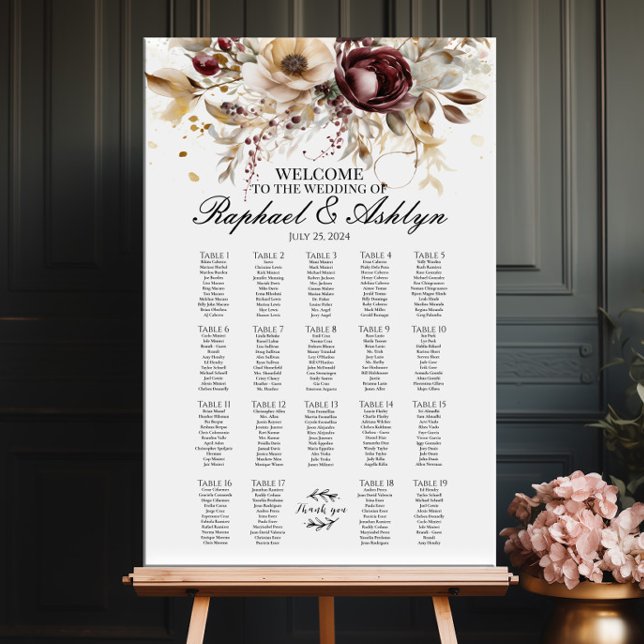 Póster tabla de asientos boda 19 tablas, peonías burgundy (Subido por el creador)