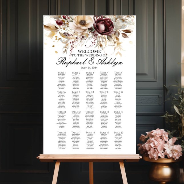 Póster tabla de asientos boda 20 tablas, peonías burdeos (Subido por el creador)