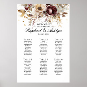 Póster tabla de asientos boda 6 tablas, peonías burdeos