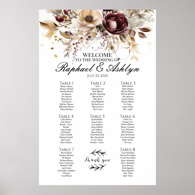 Póster tabla de asientos boda 8 tablas, peonías burdeos (Frente)