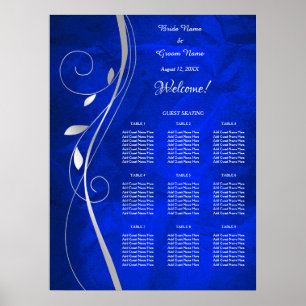 Póster Tabla de asientos Boda azul brillante de hoja plat