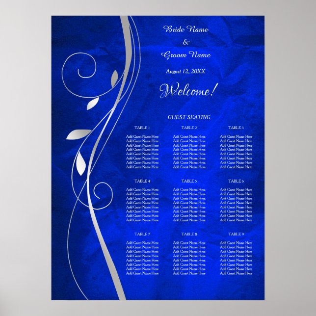 Póster Tabla de asientos Boda azul brillante de hoja plat (Frente)