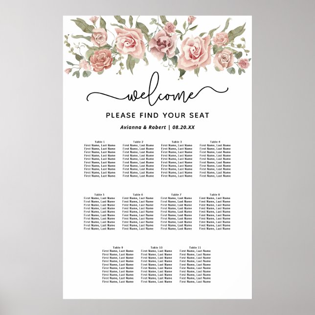 Póster Tabla de asientos Boda de 11 mesas con rosa oscuro (Frente)