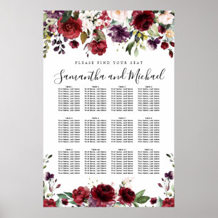 Póster Tabla de asientos Boda de 12 mesas con flor rojo b