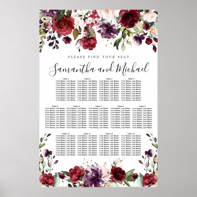 Póster Tabla de asientos Boda de 13 mesas con aroma rojo  (Frente)