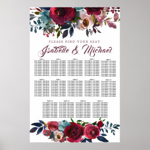 Póster Tabla de asientos Boda de 14 mesas de color rojo o