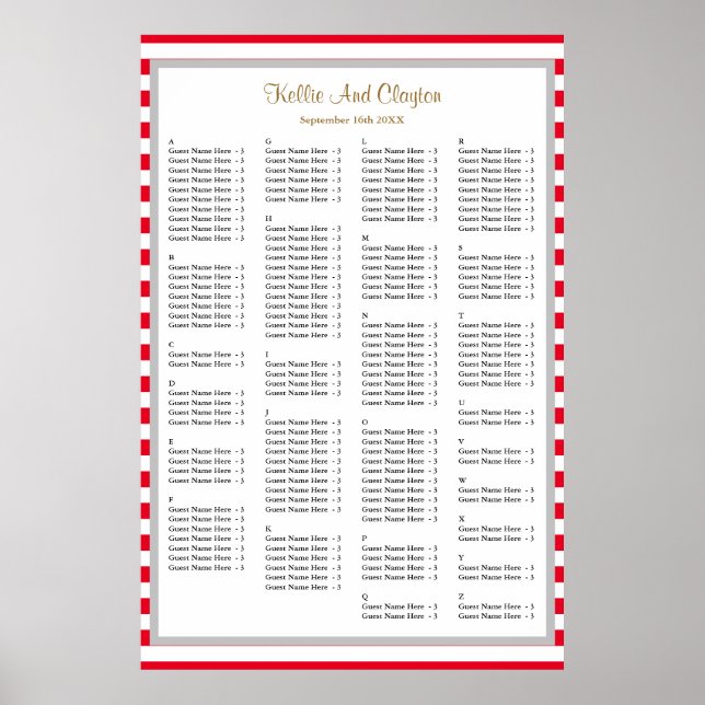 Póster Tabla de asientos Boda de 150 franjas rojas/blanca (Frente)