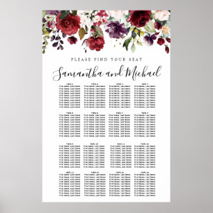 Póster Tabla de asientos Boda de 16 mesas con flores roja