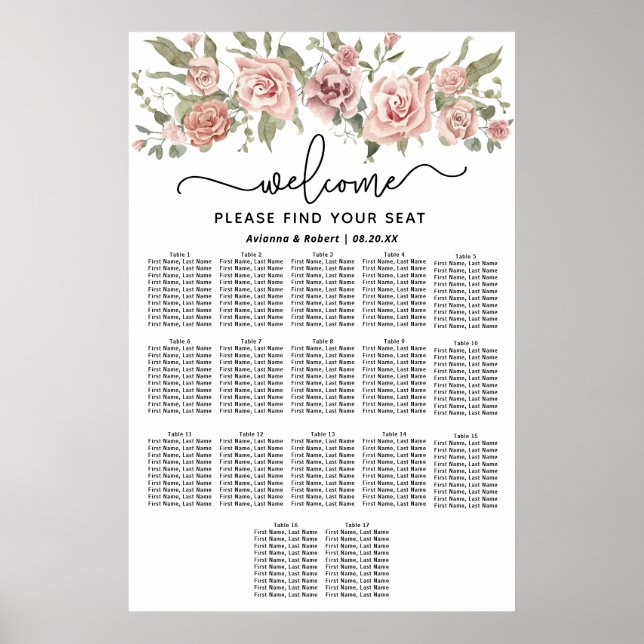 Póster Tabla de asientos Boda de 17 mesas con rosa rosa o (Frente)