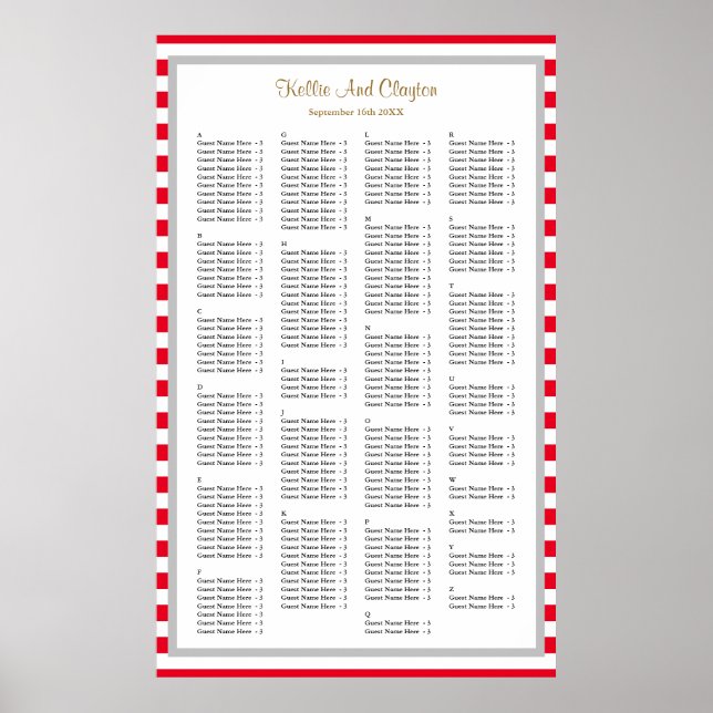 Póster Tabla de asientos Boda de 190 franjas rojas/blanca (Frente)