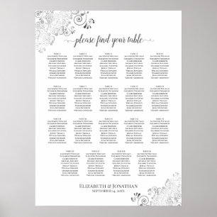 Póster Tabla de asientos Boda de 19 colores plateados de