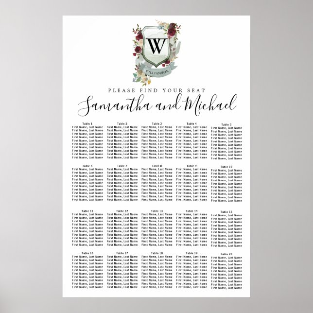Póster Tabla de asientos Boda de 20 mesas con Escudo flor (Frente)