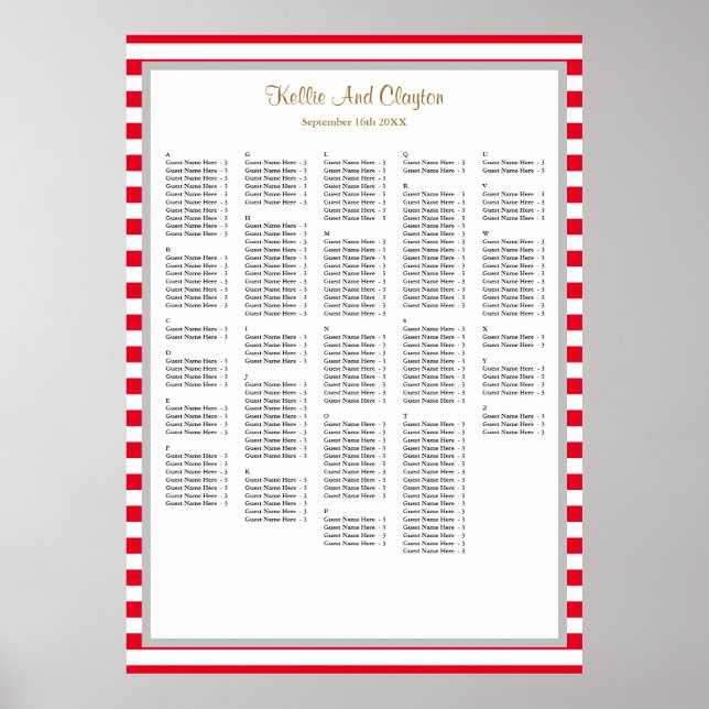 Póster Tabla de asientos Boda de 240 franjas rojas/blanca (Frente)