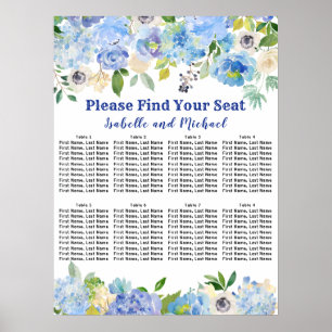 Póster Tabla de asientos Boda de 8 mesas con floral azul