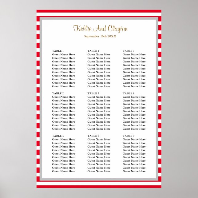 Póster Tabla de asientos Boda de 90 bandas rojas/blancas (Frente)