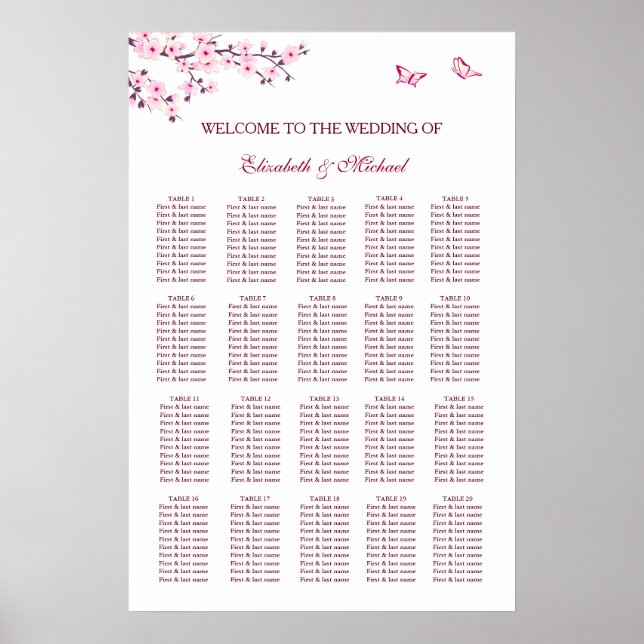 Póster Tabla de asientos Boda de cerezo en flor (Frente)