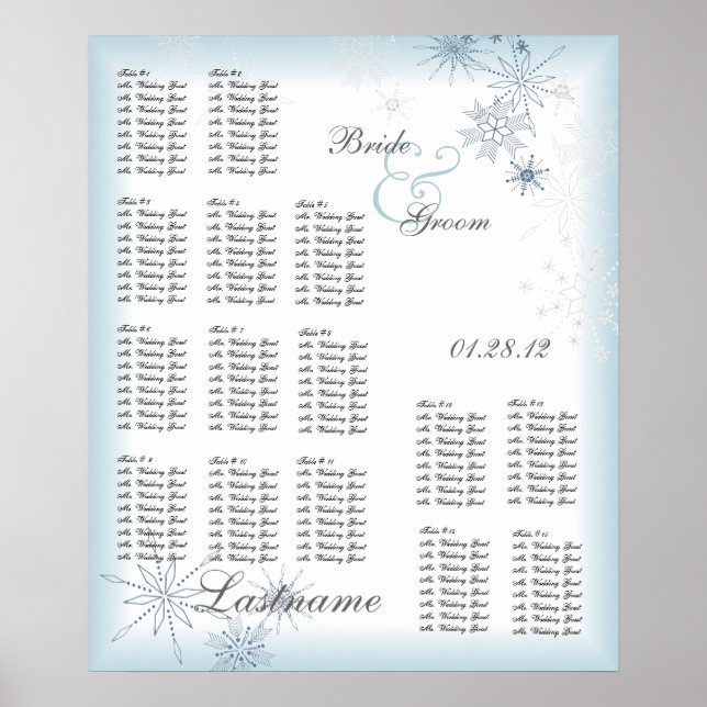 Póster Tabla de asientos Boda de copo de nieve Azul Hielo (Frente)