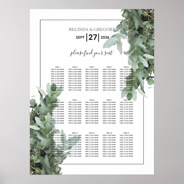 Póster Tabla de asientos Boda de eucalipto en dólares pla (Frente)