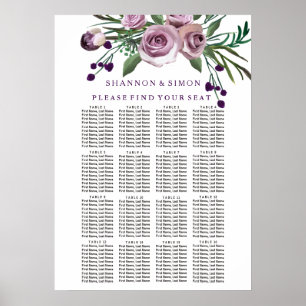 Póster Tabla de asientos Boda de flores de ciruela púrpur