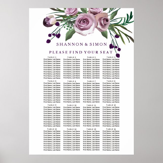 Póster Tabla de asientos Boda de flores de ciruela púrpur (Frente)