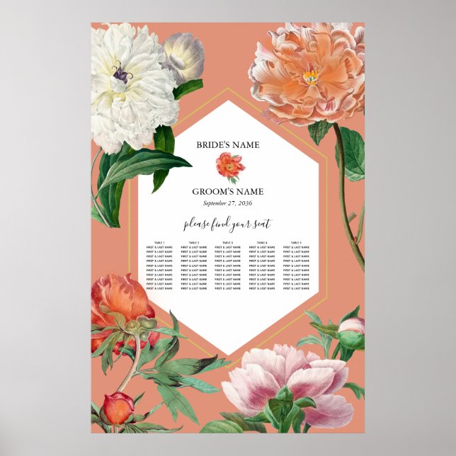 Póster Tabla de asientos Boda de flores de melocotón rosa (Frente)