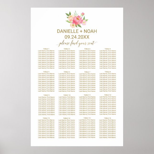 Póster Tabla de asientos Boda de flores de peones rosados (Frente)