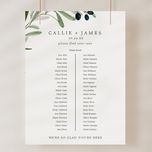 Póster Tabla de asientos Boda de la mesa de banquetes en  (Modern Olive Banquet Table Wedding Seating Chart)