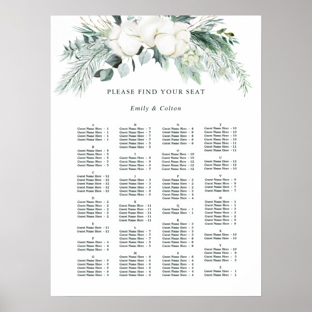 Póster Tabla de asientos Boda de las flores de evergreen  (Frente)