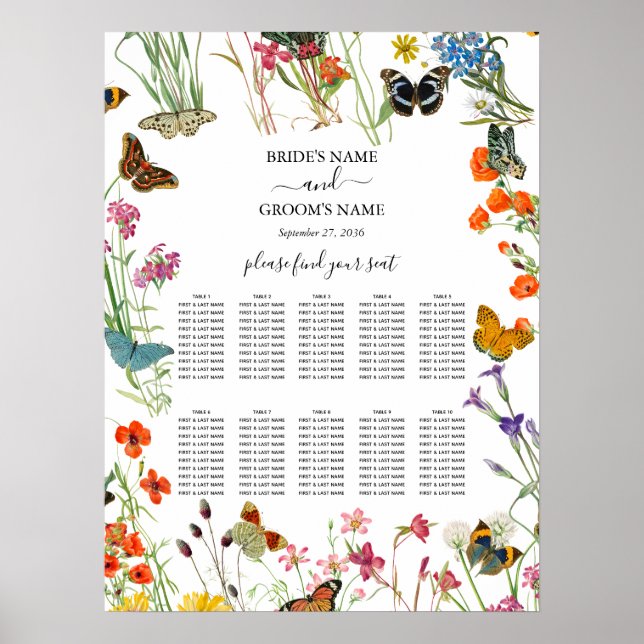 Póster Tabla de asientos Boda de mariposas Wildflowers (Frente)