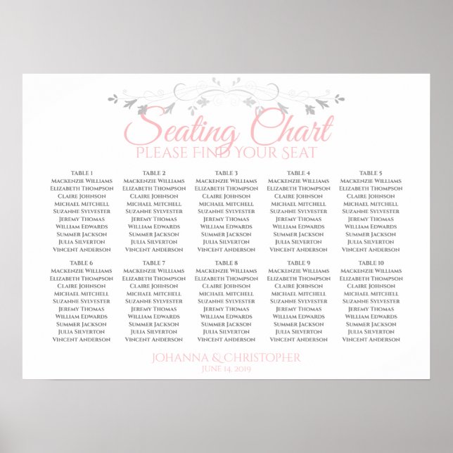 Póster Tabla de asientos Boda de mesa rosa y gris 10 (Frente)