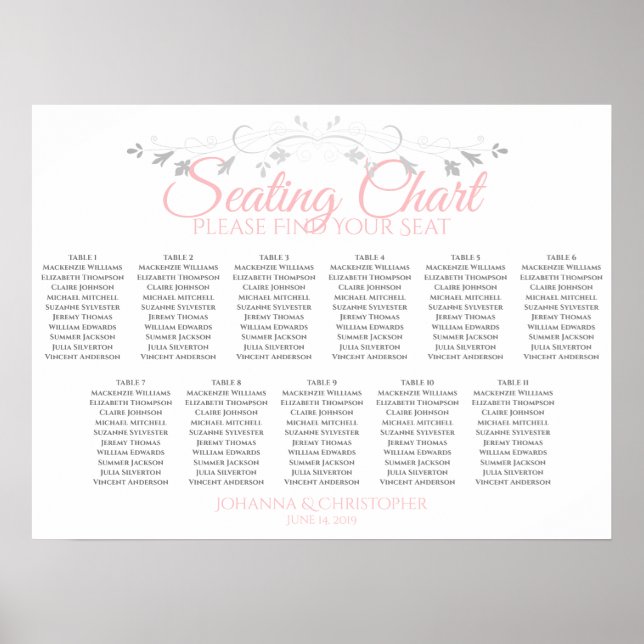 Póster Tabla de asientos Boda de mesa rosa y gris 11 (Frente)
