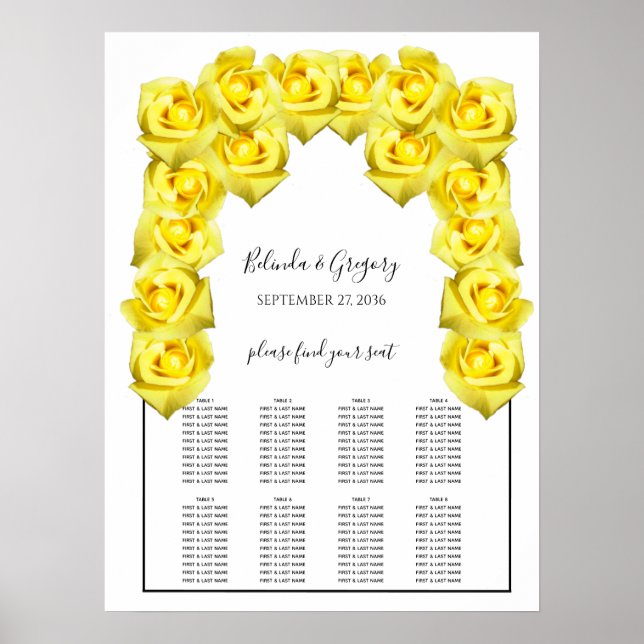 Póster Tabla de asientos Boda de rosas amarillas (Frente)