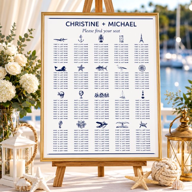 Póster Tabla de asientos Boda de símbolos de tabla náutic (This seating chart in a nautical theme has symbols that represent the guest tables.
)