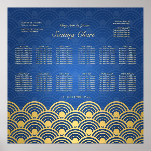 Póster Tabla de asientos boda Dorado azul escogido (Frente)