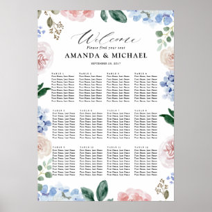Póster Tabla de asientos Boda Dusty Blue hidrangeas