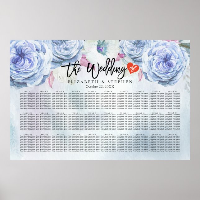 Póster Tabla de asientos boda Floral acuarela y plumas (Frente)