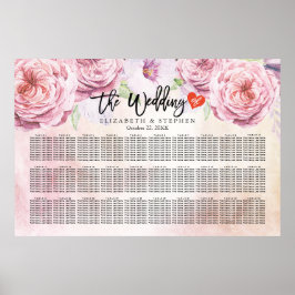 Póster Tabla de asientos boda Floral acuarela y plumas