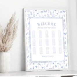 Póster Tabla de asientos boda floral azul claro romántico
