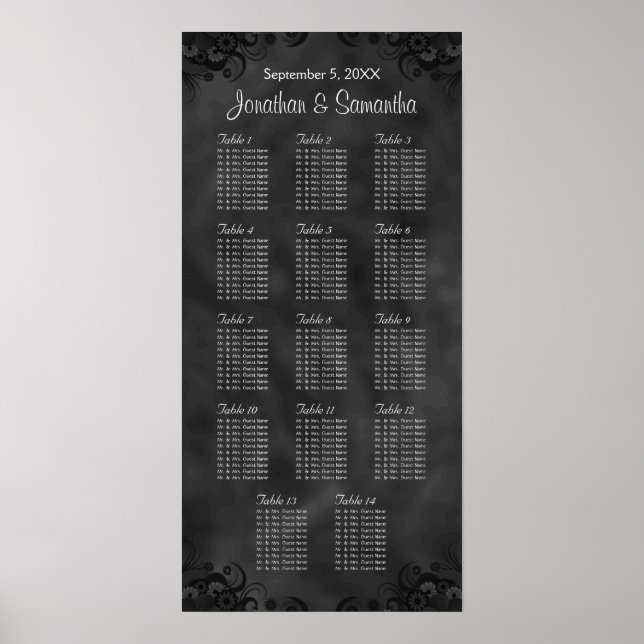Póster Tabla de asientos Boda Hibiscus Black 14 Tables (Frente)