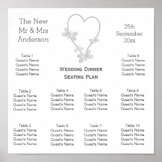 Póster Tabla de asientos boda Mariposas de corazón platea