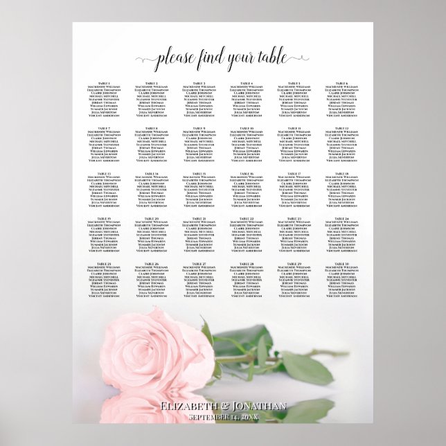 Póster Tabla de asientos Boda Romántico Rosa 30 de mesa (Frente)