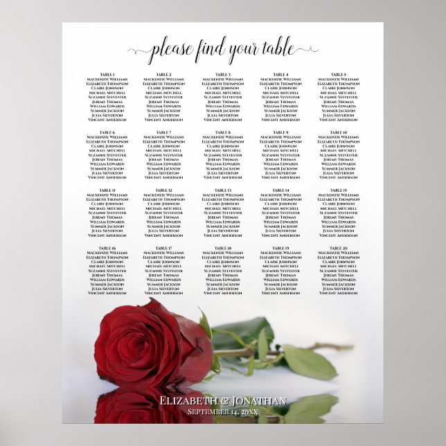 Póster Tabla de asientos Boda Romántico Rosa Rojo 20 (Frente)