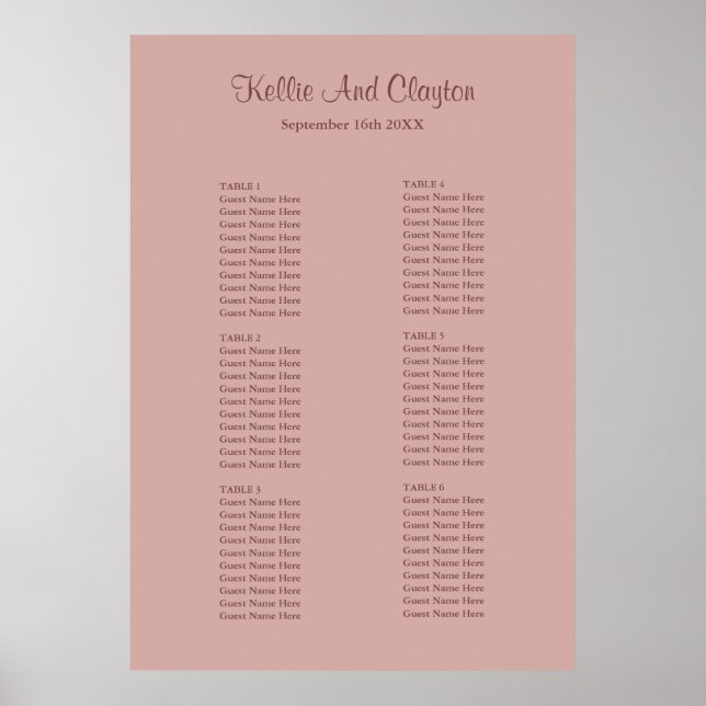 Póster Tabla de asientos Boda simple Rosa de canela (Frente)