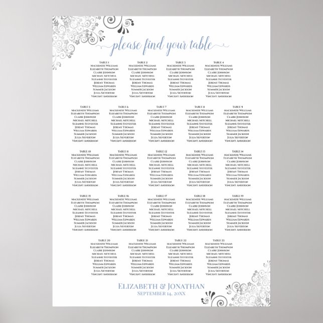 Póster Tabla de asientos Bodas azules y blancos de Frilly (Frente)