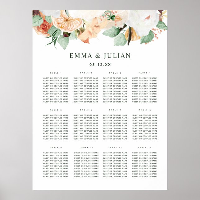 Póster Tabla de asientos botánicos del Boda Boho Green (Frente)