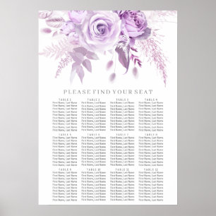 Póster Tabla de asientos con Boda floral púrpura encantad