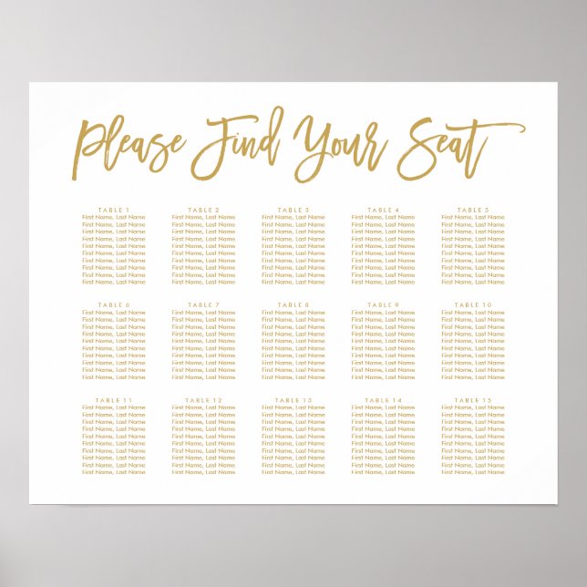 Póster Tabla de asientos con letras de moda Gold (Frente)