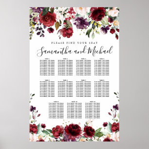 Póster Tabla de asientos de 11 mesas para Bodas con flore
